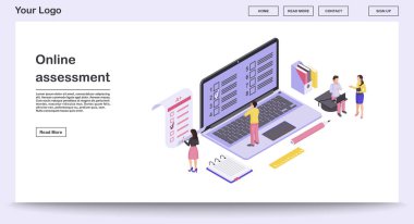 İzometrik illüstrasyonlu çevrimiçi değerlendirme web sayfası vektör şablonu