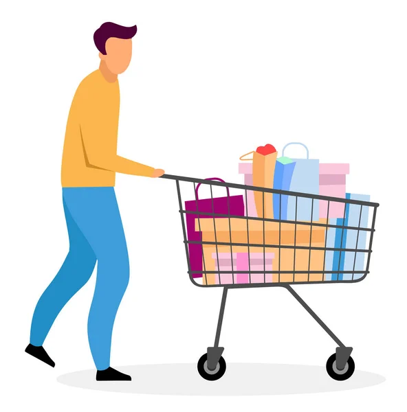 Man with shopping cart flat vector illustration. Cartoon boy buying gifts. Husband purchasing Christmas, New Year present isolated character. Sales, discounts in boutique. Male buyer doing purchases — Stock Vector