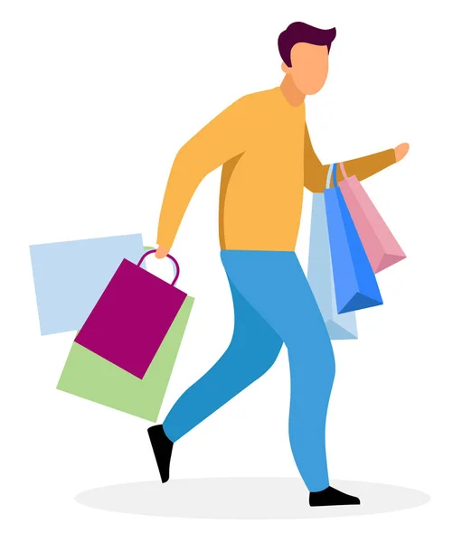 Vásárlás rohanás lapos vektor illusztráció. Shopper fut sietve táskák rajzfilm karakter. A barátja ajándékokat vesz a kedvesének. Férj keresi a karácsonyt. Shopaholic vásárol. — Stock Vector