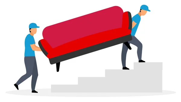 Couriers carrying sofa flat vector illustration. Deliveryman, postman, loader men delivering couch furniture isolated cartoon characters on white background. Delivery, shipping service concept