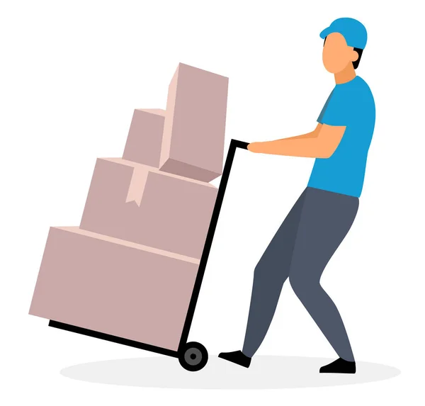 Loader man moving dolly cart flat vector illustration. Warehouse worker with packages on hand truck isolated cartoon character on white background. Deliveryman, courier delivering parcels concept — Stock Vector