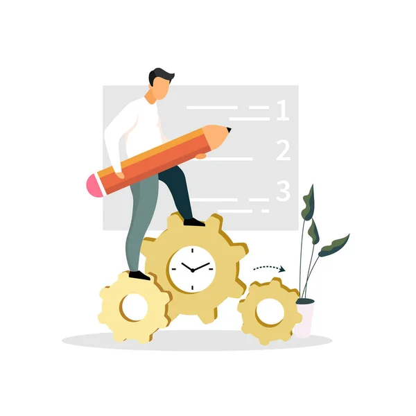 Man, entrepreneur, manager, businessman standing on clock gear flat vector illustration — Stock Vector