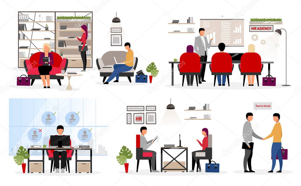 Recruiting staff flat vector characters set. Employment service. Applying for new job. HR agency workers interviewing candidates, applicants. Headhunters, experts hiring personnel, jobseekers