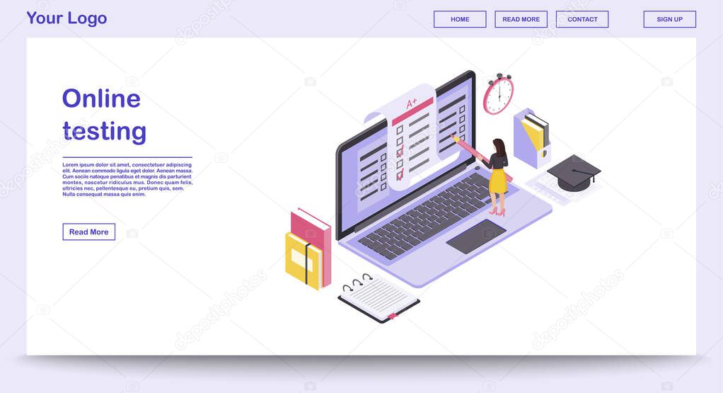 Online testing webpage vector template with isometric illustration