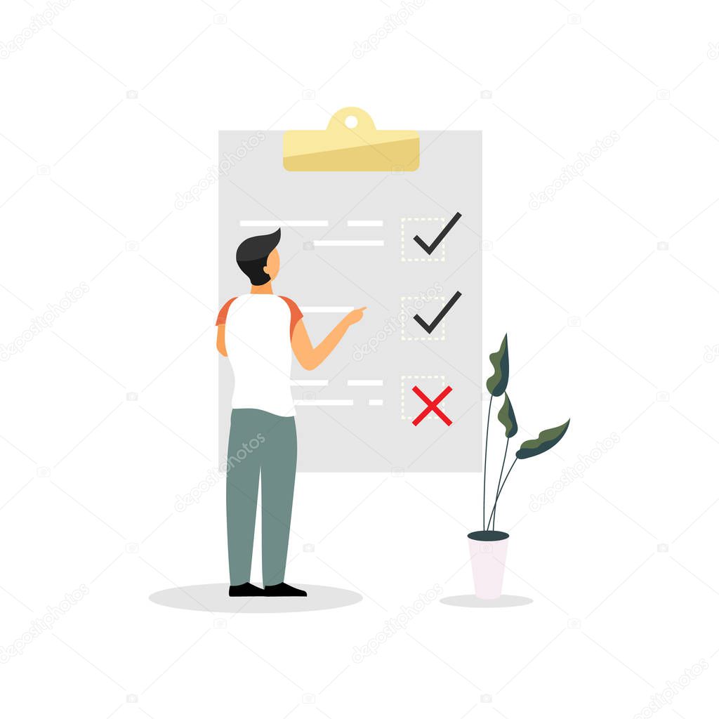 Man, entrepreneur at checklist flat vector illustration