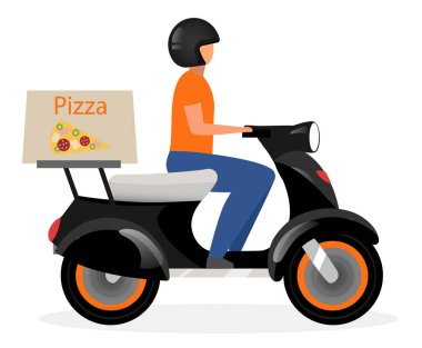 Pizza teslimatı düz vektör çizimi. Beyaz arka planda izole edilmiş yemek paketi çizgi film karakteri olan scooter kullanan bir adam. Motosikletli kurye, pizzacı siparişi veren motosikletli.