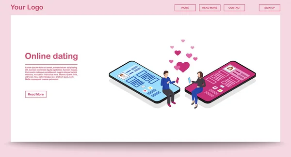 Online dating webpage vector template with isometric illustration