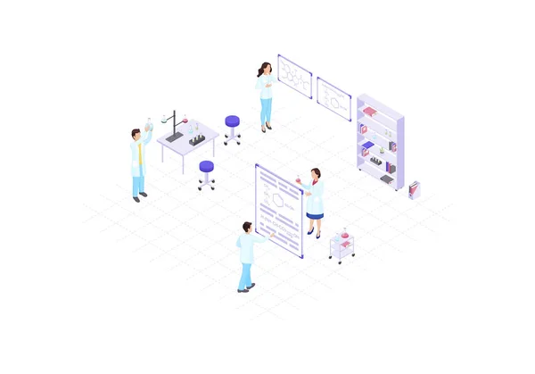 Scientifiques, chimistes, universitaires, chercheurs illustration vectorielle isométrique couleur — Image vectorielle