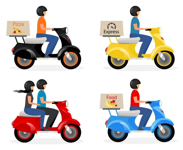 Scooter entrega, taxi plano vector ilustraciones conjunto. Mensajero, repartidor conductor en motocicleta, personaje de dibujos animados moto aislado sobre fondo blanco. Comida, pizza express delivery service concept — Archivo Imágenes Vectoriales