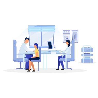 Pratisyen çocuk düz vektör illüstrasyonunu inceliyor. Doktor, terapist, pediyatrist hastaya stetoskop tanısı koyuyor. Sağlık çalışanları, beyaz arka planda hemşire çizgi film karakterleri.