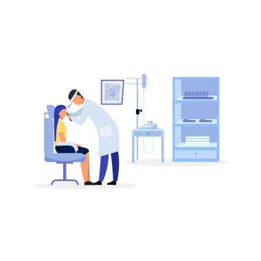 Doktor, boğaz düz vektör çizelgesini kontrol ediyor. Otolaryngologist, karikatür karakteri olan kadın hastayı muayene ediyor. Otolaryngology, pediatri. Terapist, pratisyen hekim kız teşhisi