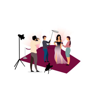 Gazeteciler ünlü düz vektör illüstrasyonuyla röportaj yapıyor. Fotoğrafçılar, paparazziler film yıldızlarını fotoğraflayan kadın şarkıcılar, ünlü çizgi film karakterleri. Büyük açılış töreni, konser.
