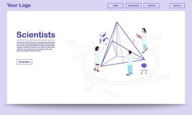 Bilgisayar destekli izometrik web sayfası şablonu. Ai asistanı olan bilim adamları. Geometri uzmanları piramit oranlarını hesaplayarak 3 boyutlu modelleme yapıyorlar. Yüksek teknoloji araştırma merkezi iniş sayfası