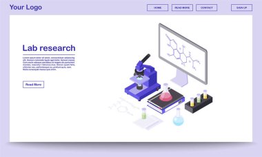 Laboratuvar araştırma araçları izometrik web sayfası şablonu. Modern laboratuvar ekipmanları, 3 boyutlu mikroskop, deney tüpleri. Büyük ekranda kimyasal madde formülü var. Metin alanı olan bilimsel merkez iniş sayfası