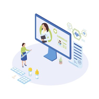 İzometrik çizimde teletıp uzmanı. Çizgi roman doktoru, pratisyen hekimi hap yazıyor, internetten ilaç yazıyor. Kullanıcı, müşteri hesabı ekranda. Hasta termometreyi tutuyor.