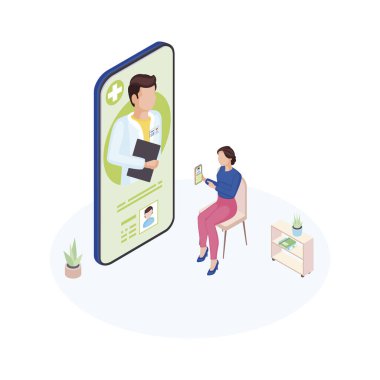 Çağrı servisindeki doktor izometrik çizim. Pratisyen hekim anneye çevrimiçi danışmanlık yapıyor. Uzaktan çocuk doktoru tavsiyesi. Çocuk semptomlarını açıklayan çizgi film kadını, video konferansı yoluyla şikayetler