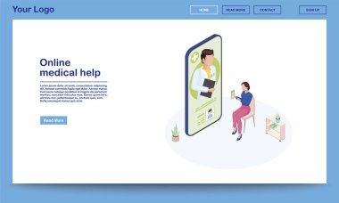 Çevrimiçi tıbbi yardım izometrik web sayfası şablonu. 3D hasta, e-sağlık mobil uygulaması kullanarak belirtileri açıklıyor. Uzaktan doktor danışmanı müvekkil. Teletıp akıllı telefon uygulaması tanıtım sayfası