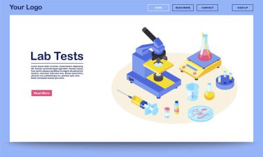 Laboratuvar, web sayfası vektör şablonunu izometrik illüstrasyonla test ediyor. Tıbbi analiz. Teşhis laboratuvarı araştırması. Mikroskop, şırınga, deney tüpü. Web sitesi arayüz tasarımı. Web sayfası, mobil uygulama 3d konsepti