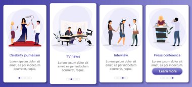 Gazetecilik ve kitle iletişim araçları mobil uygulama ekran şablonu üzerinde. Televizyon haberleri, röportaj, basın toplantısı. Düz karakterli web sitesi basamakları. Ux, Ui, Gui akıllı telefon çizgi film arayüzü