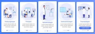 Mobil uygulama ekran şablonu üzerinde hastaları olan doktorlar. Terapist, otolaryngolog, travmatolog. Düz karakterli internet sitesi basamakları. Ux, Ui, Gui akıllı telefon çizgi film arayüzü