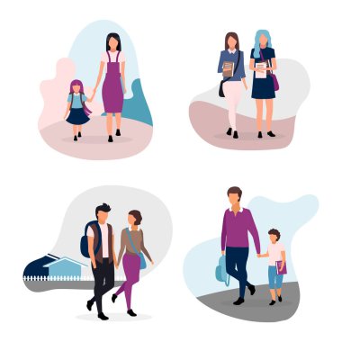 Okul hayatı düz çizimler seti. Ergen ve liseli çocuklar. Okul arkadaşları, okul çifti, erkek ve kız kardeşler, beyaz arka planda izole edilmiş çizgi film karakterleri. Liseli kızlar ve okul çocukları