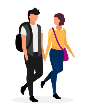 Düz vektör çizimine aşık üniversite öğrencileri. Liseli çocuk ve liseli kız el ele tutuşuyorlar. Erkek arkadaş ve kız arkadaş dersten sonra eve gidiyor. Okul çocukları. Genç çift çıkıyorlar.