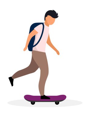 Kaykaycı, sırt çantası düz vektör illüstrasyonlu patenci. Öğrenci kaykaycı. Beyaz arka planda izole edilmiş kaykay karakteri olan genç bir çocuk. Modern okul çocuğu, iyi eğlenceler.