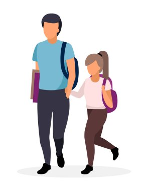 Okul çocukları, düz çizim yapan okul çocukları. Ağabeyi ve küçük kız kardeşi sırt çantalı çizgi film karakterleriyle el ele tutuşuyor. Beyaz arka planda liseli kız ve genç okul çocuğu