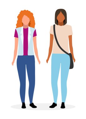 Genç kadınların düz çizimi. Uluslararası arkadaşlık. Beyaz arka planda, kıvırcık saç stili ve melez kız çizgi film karakterleri olan beyaz tenli. Moda modelleri, sıradan moda öğrencileri.
