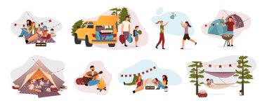 Summer camp visitors flat vector illustrations set. Holidaymakers isolated cartoon characters. Travelers, hikers resting in tent, hammock with campfire. Summertime relax, recreation, countryside trip clipart