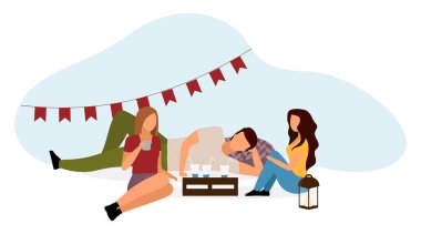 Öğrenci partisi düz vektör çizimi. Genç kampçılar, doğum gününü kutlayan arkadaşlar, beyaz arka planda izole edilmiş karikatür karakterleri içen kokteyller. Kızlar, erkek rahat atmosferin tadını çıkarıyor.