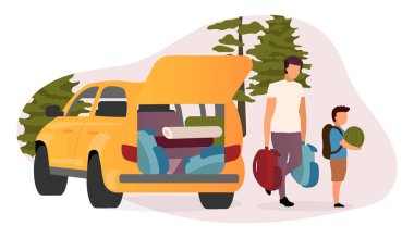 Aile yolculuğu düz vektör çizimi. Çizgi filmdeki baba oğul sırt çantası, karpuz taşıyorlar. Araba kamp malzemeleriyle dolu. Yaz tatili, sırt çantalı tatil kırsalda, ormanda