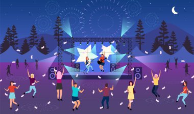 Gece müzik festivali düz vektör çizimi. Canlı yayın performansı. Rock, pop müzisyeni konseri, parkta parti, kamp. Yaz zamanı açık hava eğlencesi. Dans eden çizgi film karakterleri