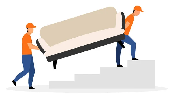 Служба доставки меблів плоска векторна ілюстрація. Складські працівники, що носять персонажів мультфільмів на дивані, ізольовані на білому тлі. Кур'єр, рятівник, люди-навантажувачі доставили диван. Концепція доставки — стоковий вектор