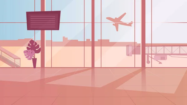 Ilustración vectorial plana de la sala de espera vacía del aeropuerto. Terminal salón soleado con ventanas panorámicas. Monitor con horario de llegada. Avión despegando. Viajes internacionales, turismo, industria aérea — Archivo Imágenes Vectoriales