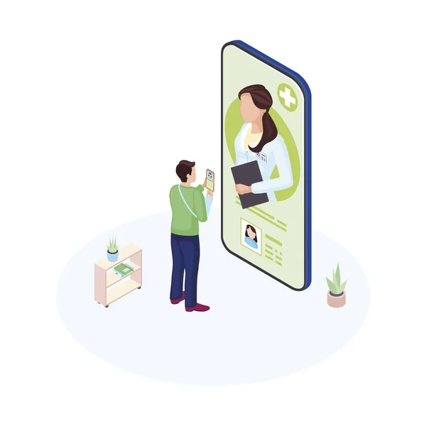Ehealth smartphone app isometrisk illustration. Manlig patient kommunicerar med personlig medicinsk specialist tecknad karaktär. Läkarkonsultation på nätet. Futuristisk hälso- och sjukvård — Stock vektor