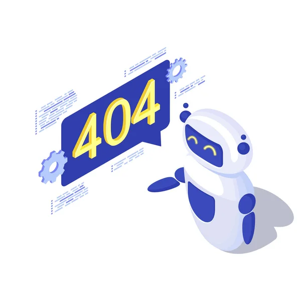 Server hittade inte automatiserad meddelandegenerering isometrisk illustration. Robot, Ai assistent med 404 anmälan i pratbubbla. Kopplad server, trasigt länkproblem. Fel i webbsökning — Stock vektor
