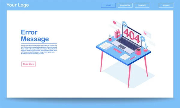 Foutbericht isometrische landing page sjabloon. 404 fout webpagina met tekstruimte. Server niet gevonden, gebroken link melding op laptop display. Browsing probleem standaard code webpagina — Stockvector