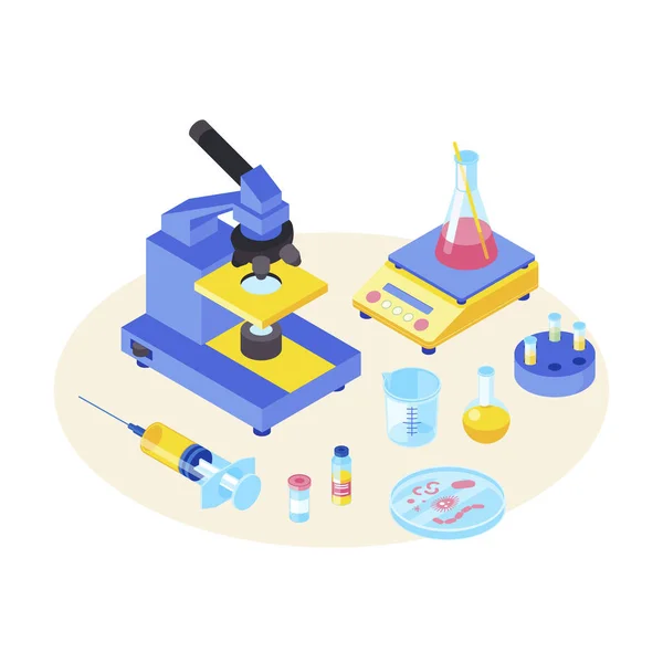 Testes de laboratório ilustração vetorial cor isométrica. Experiência química. Diagnóstico, equipamento de laboratório científico. Microbiologia. Microscópio, seringa 3d conceito. Bactérias, microrganismos. Investigação científica — Vetor de Stock