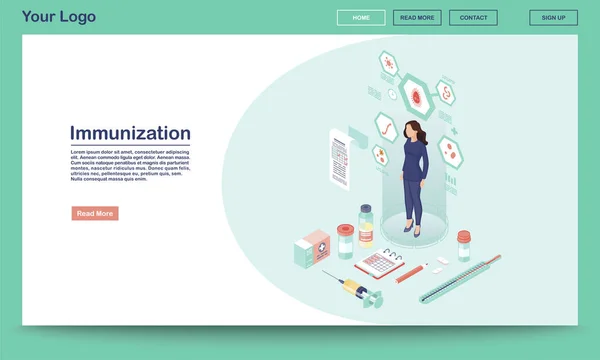 Векторный шаблон веб-страницы иммунизации с изометрической иллюстрацией. Вакцинация пациентов. Вакцинация. Молодая женщина в синем костюме. Дизайн интерфейса сайта. Сайт, концепция мобильного приложения 3d — стоковый вектор