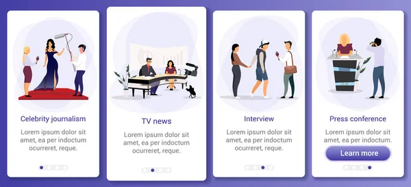 Jornalismo e mídia de massa onboarding modelo de vetor de tela de aplicativo móvel. Notícias da TV, entrevista, conferência de imprensa. Passo a passo no site com caracteres planos. UX, UI, interface de desenho animado do smartphone GUI — Vetor de Stock