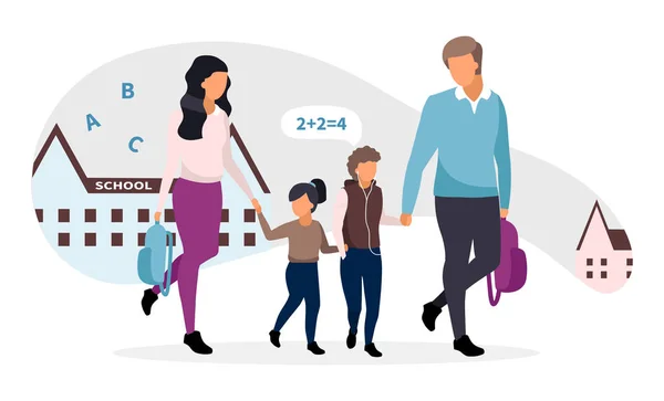 Unga föräldrar tar barn från skolan platt illustration. Familjen går hem tillsammans prata och hålla hand seriefigurer. Far och mor med två barn. Skolpojke och skolflicka — Stock vektor