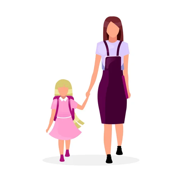 Madre con hija yendo a la escuela ilustración vectorial plana. Hermanas mayores y más jóvenes cogidas de la mano personajes de dibujos animados aislados sobre fondo blanco. Preadolescentes y adolescentes escolares, colegialas — Vector de stock