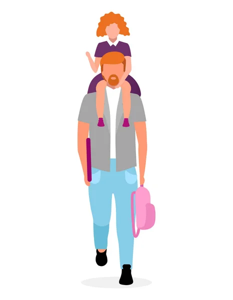 Hija sentada en el cuello padre ilustración vector plano. Padre con la colegiala y la mochila va al personaje de dibujos animados jardín de infantes aislado en el fondo blanco. Feliz preadolescente escolar, niña — Vector de stock