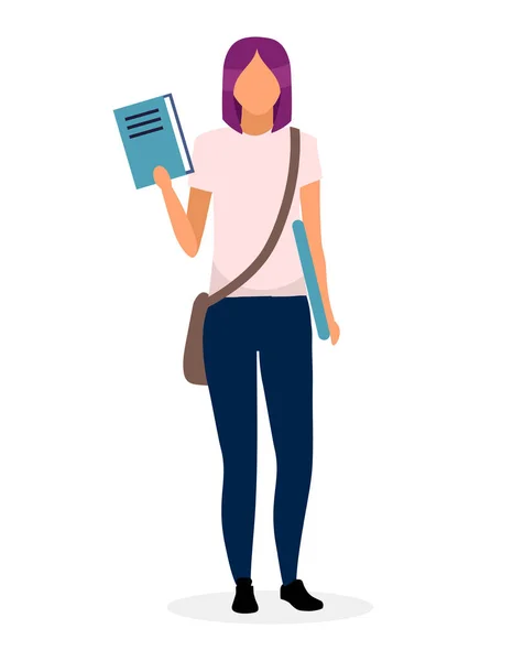 Εφηβική μαθήτρια με βιβλίο επίπεδη διανυσματική απεικόνιση. Πανεπιστήμιο, φοιτητής κολέγιο κρατώντας βιβλίο και φορητό υπολογιστή χαρακτήρα κινουμένων σχεδίων απομονώνονται σε λευκό φόντο. Έξυπνο έφηβο κορίτσι με τσάντα — Διανυσματικό Αρχείο
