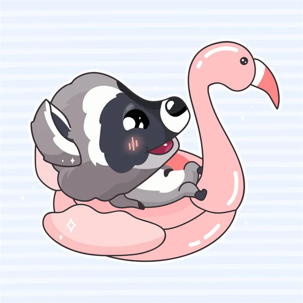 Bonito guaxinim kawaii personagem de desenho animado. Animal adorável e engraçado com anel de natação flamingo rosa adesivo isolado, patch. Anime bebê sorrindo e guaxinim feliz em repouso, emoji resort no fundo azul —  Vetores de Stock