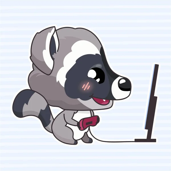 Aranyos mosómedve kawaii rajzfilmfigura. Imádnivaló és vicces állat játszik számítógépes játékok joystick elszigetelt matrica, patch, gyerekek könyv illusztráció. Anime baba vad mosómedve emoji kék alapon — Stock Vector