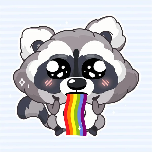 Cute raccoon kawaii cartoon vector character. Adorable and funny animal vomiting rainbow isolated girlish sticker, patch. Sweet dreams, happiness. Anime baby raccoon emoji on blue background — Stock Vector