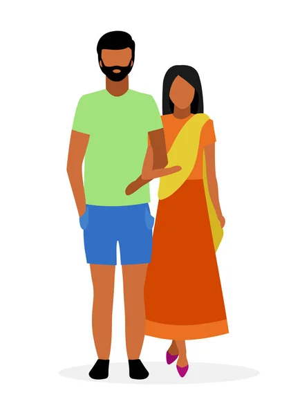 Indian couple flat vector illustration. Woman in sari, dhoti and bearded man in casual style clothes cartoon characters isolated on white background. Traditional hindu wife and husband holding hands — Stock Vector