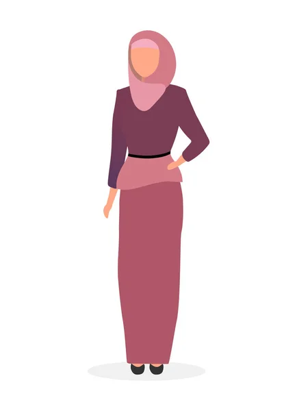 Woman in hijab flat vector illustration. Saudi, arabian girl wearing abaya isolated cartoon character on white background. Muslim elegant lady with scarf. Fashion model in islamic traditional clothing — стоковий вектор